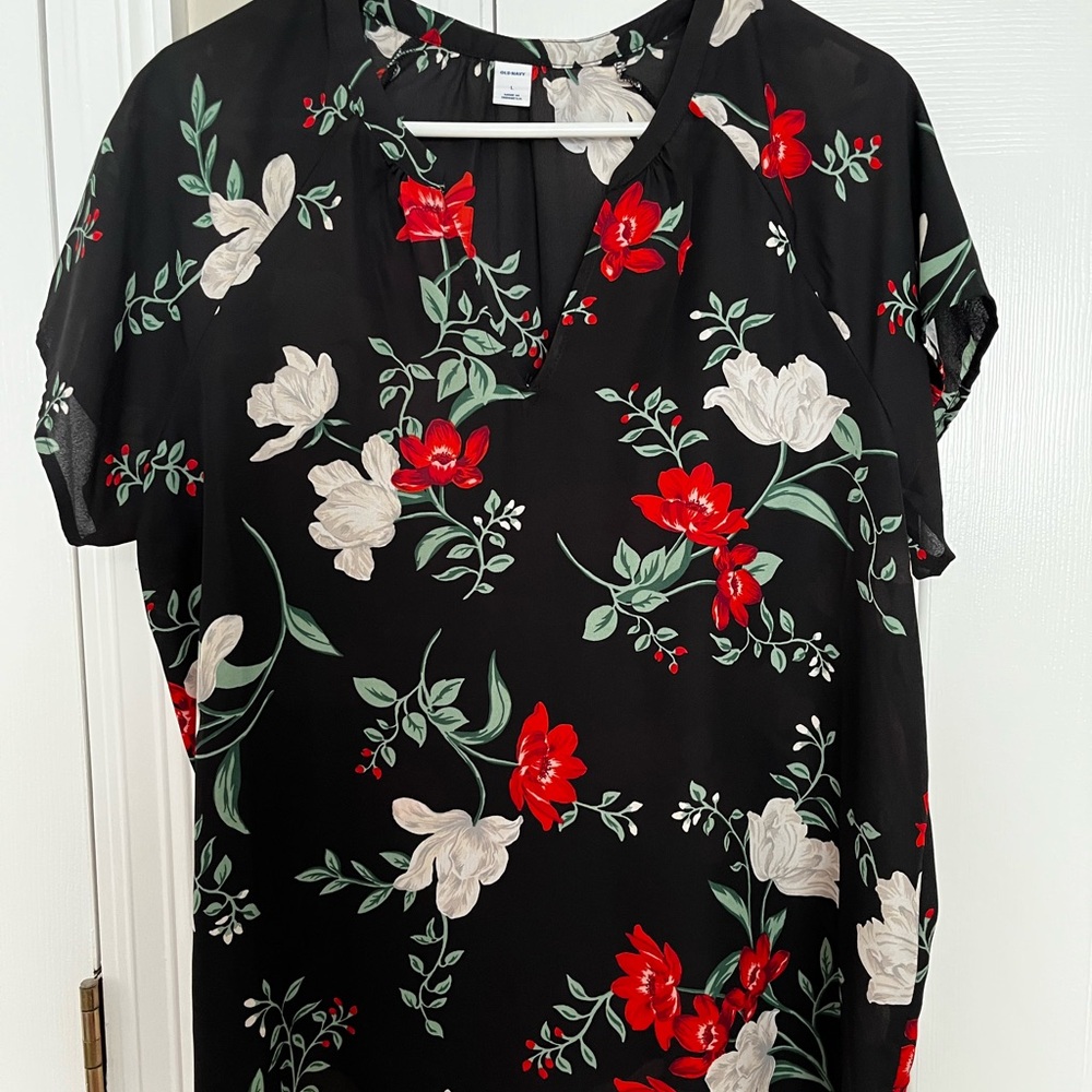 Old Navy Black Floral Blouse with Red and White Accents